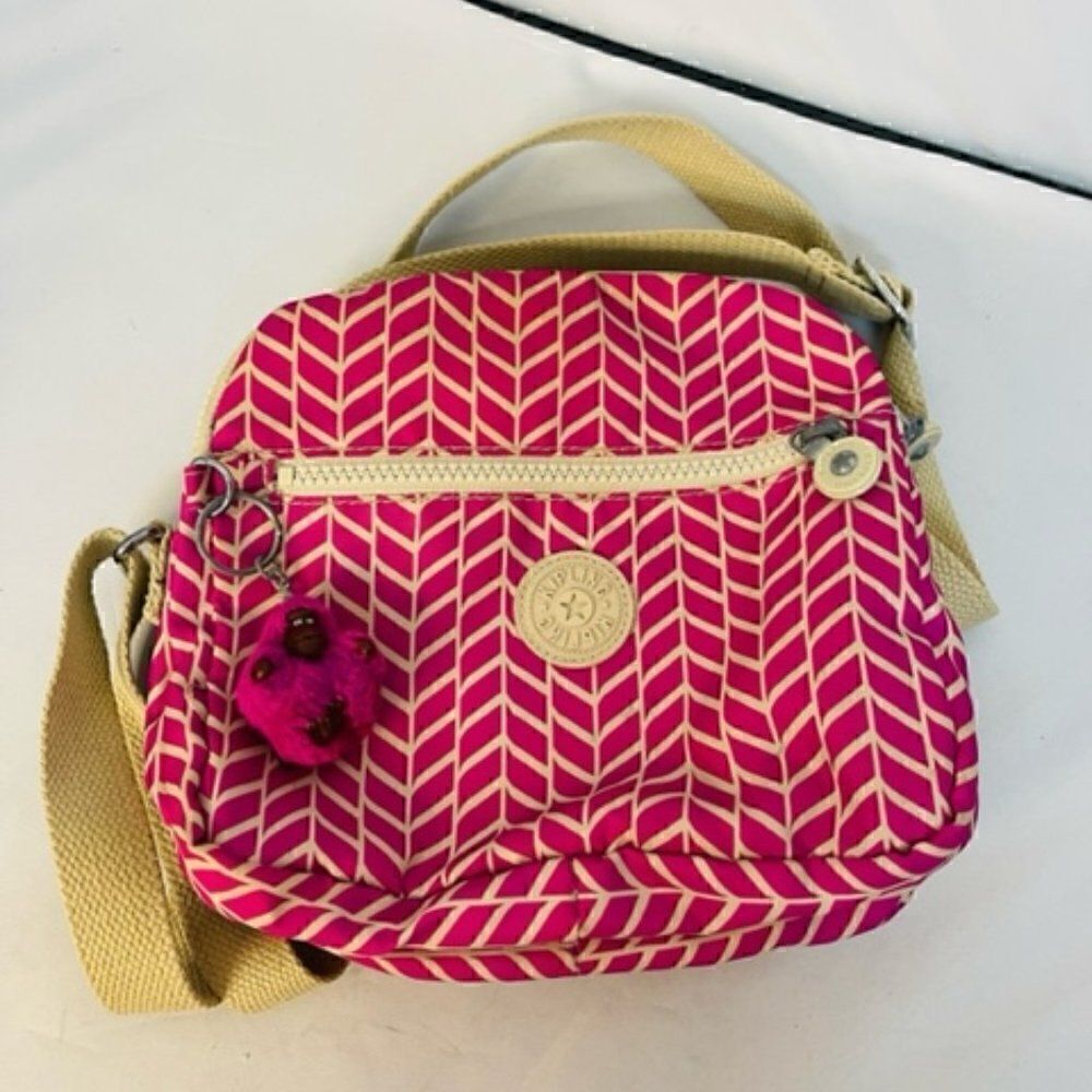 Kipling Crossbody Nylon Purse HOT Pink Handbag Gorilla Keychain Tan Excellent co